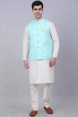 Men's Sky Solid Kurta Pyjama With Woven Design Nehru Jacket