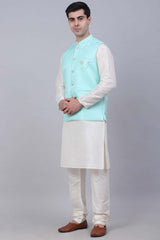 Men's Sky Solid Kurta Pyjama With Woven Design Nehru Jacket