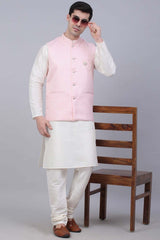 Men's Pink Solid Kurta Pyjama With Woven Design Nehru Jacket