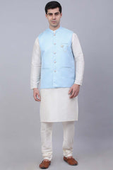 Men's Blue Solid Kurta Pyjama With Woven Design Nehru Jacket