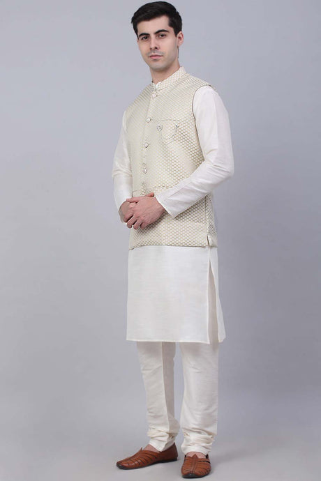 Men's Beige Solid Kurta Pyjama With Woven Design Nehru Jacket