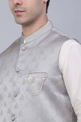 Men's Grey Solid Kurta Pyjama With Woven Design Nehru Jacket