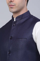 Men's Navy Solid Kurta Pyjama With Nehru Jacket