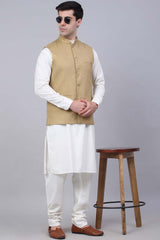 Men's Beige Solid Kurta Pyjama With Nehru Jacket
