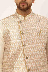 Men's Silver Solid Kurta Pyjama With Nehru Jacket