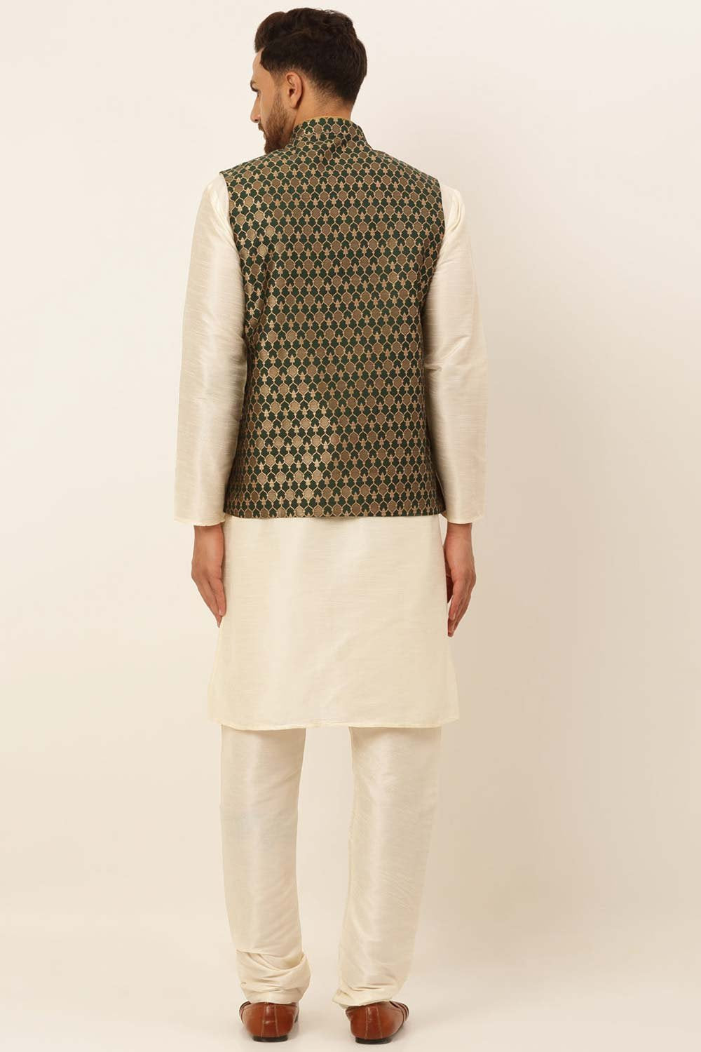 Men's Olive Solid Kurta Pyjama With Nehru Jacket