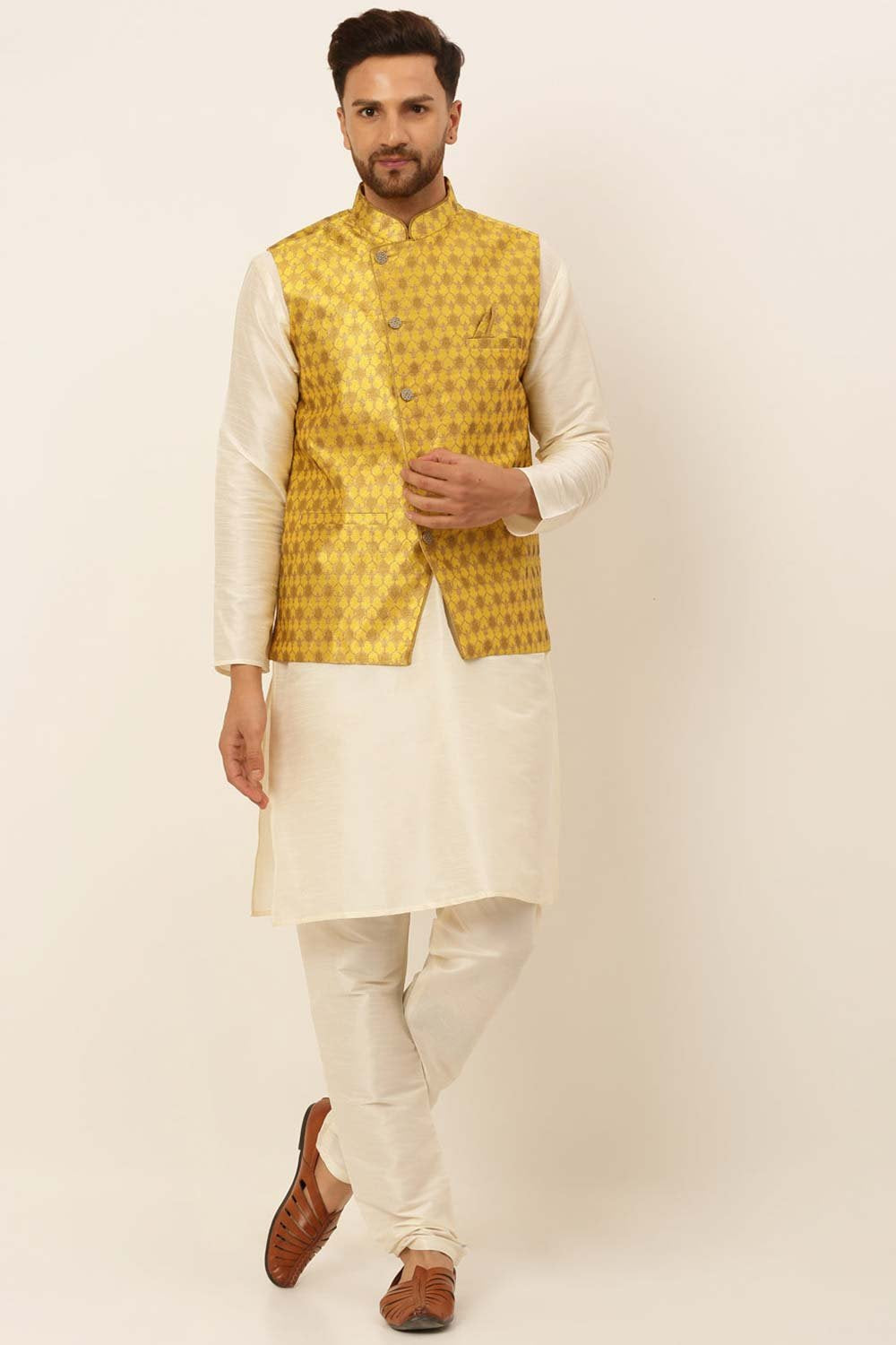 Men's Mustard Solid Kurta Pyjama With Nehru Jacket