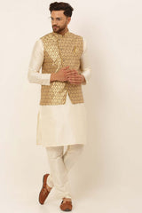 Men's Golden Solid Kurta Pyjama With Nehru Jacket