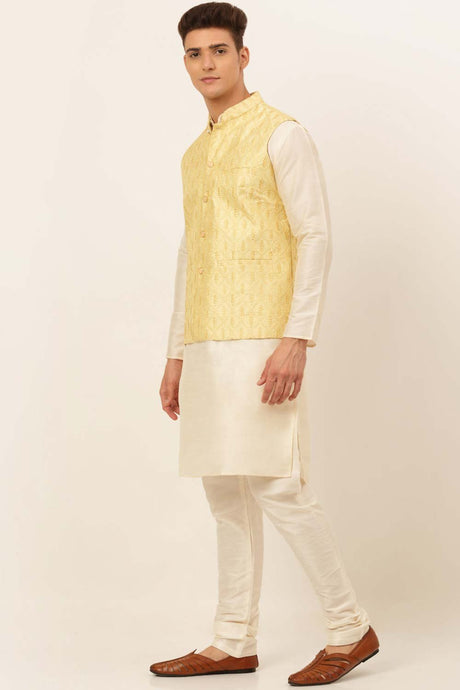Men's Golden Solid Kurta Pyjama With Nehru Jacket