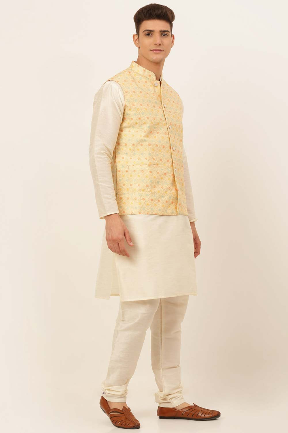 Men's Yellow Solid Kurta Pyjama With Nehru Jacket