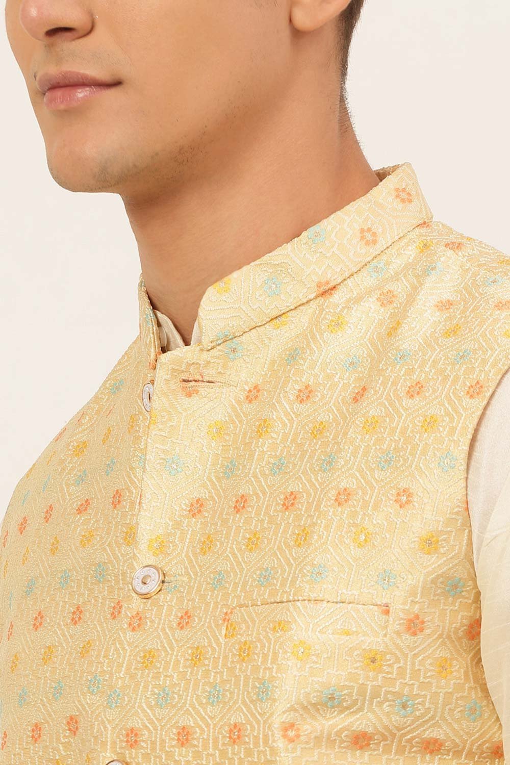 Men's Yellow Solid Kurta Pyjama With Nehru Jacket