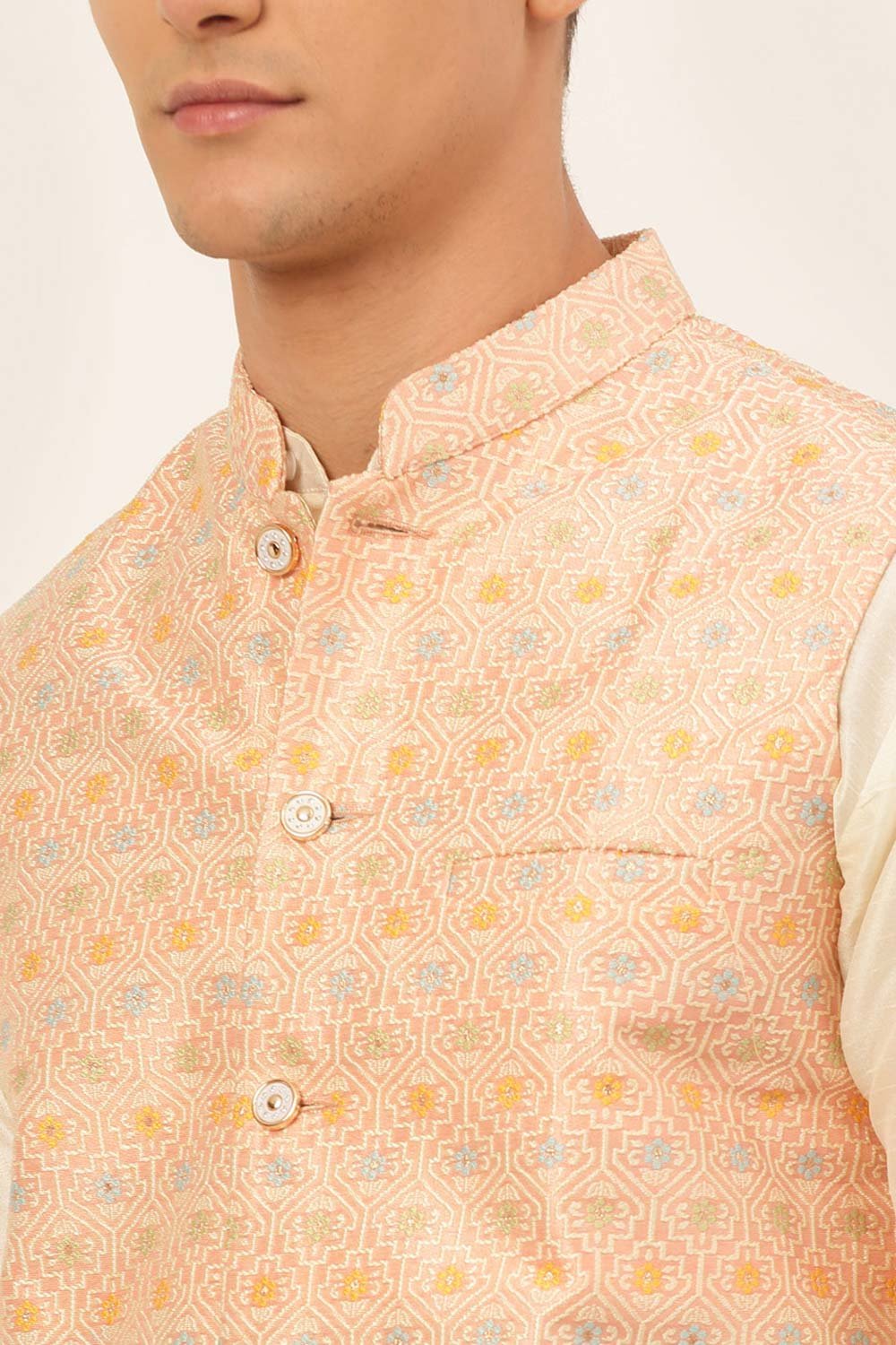 Men's Pink Solid Kurta Pyjama With Nehru Jacket