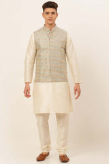 Men's Grey Solid Kurta Pyjama With Nehru Jacket