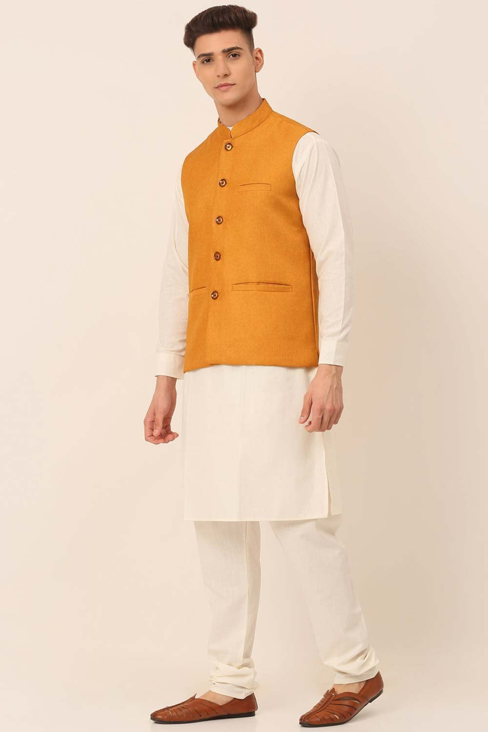 Men's Mustard Solid Kurta Pyjama With Nehru Jacket