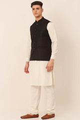 Men's Black Solid Kurta Pyjama With Nehru Jacket