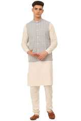 Men's Grey Cotton Blend Kurta With Pyjamas And Embroidered Nehru Jacket
