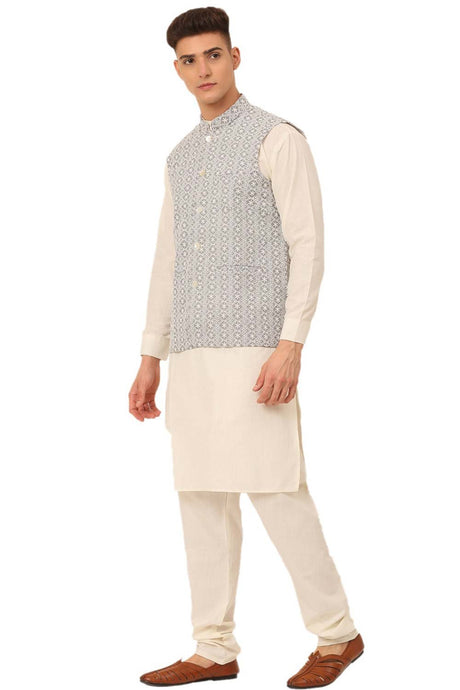 Men's Grey Cotton Blend Kurta With Pyjamas And Embroidered Nehru Jacket
