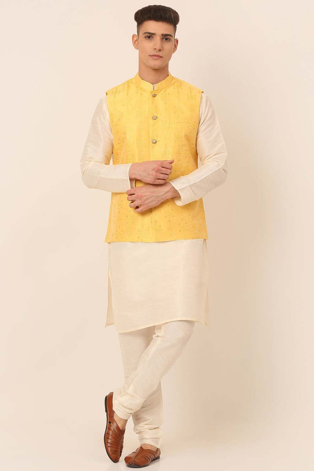 Men's Yellow Solid Dupion Silk Kurta Pyjama With Embroidered Nehru Jacket