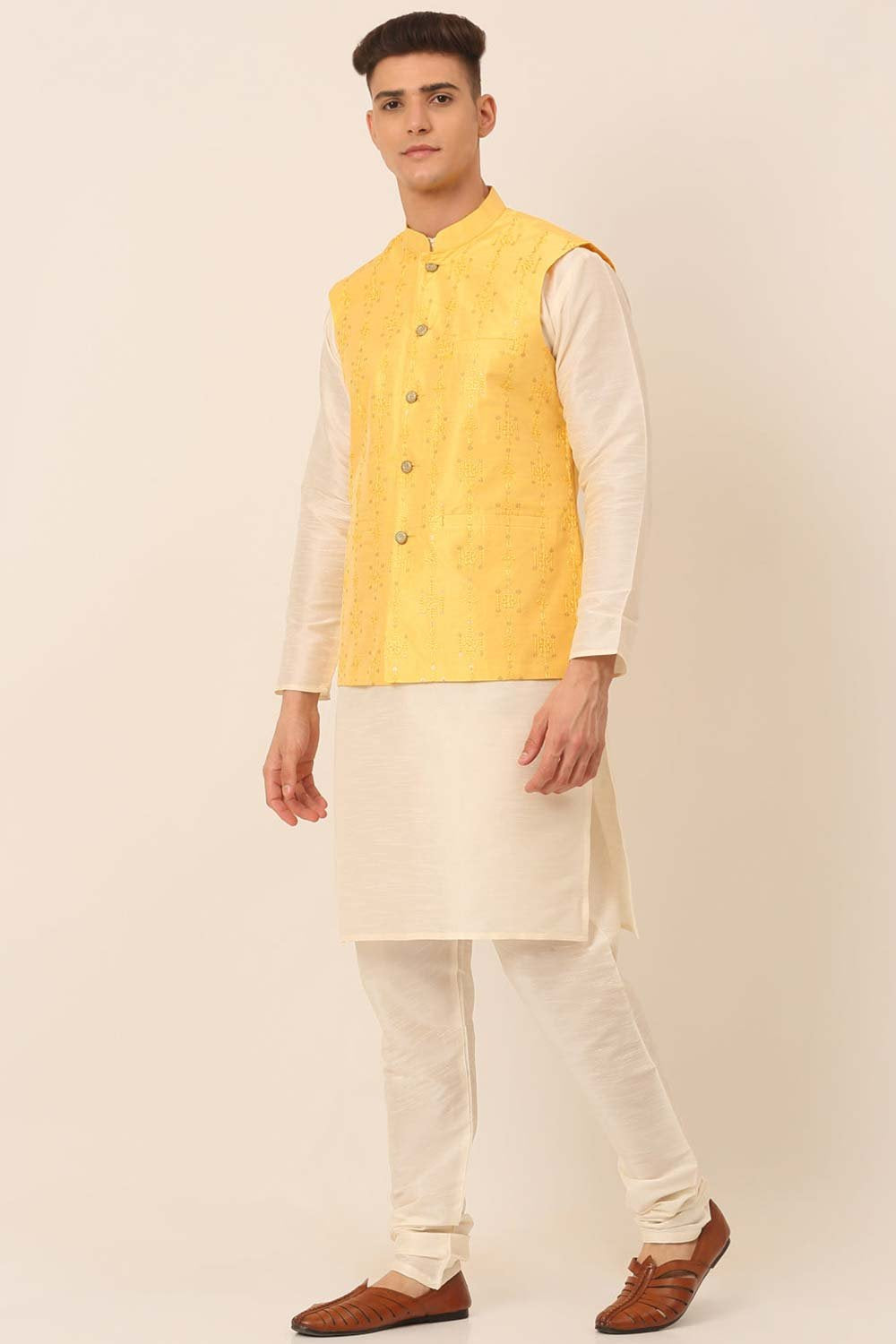 Men's Yellow Solid Dupion Silk Kurta Pyjama With Embroidered Nehru Jacket