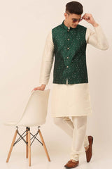 Men's Green Solid Dupion Silk Kurta Pyjama With Embroidered Nehru Jacket