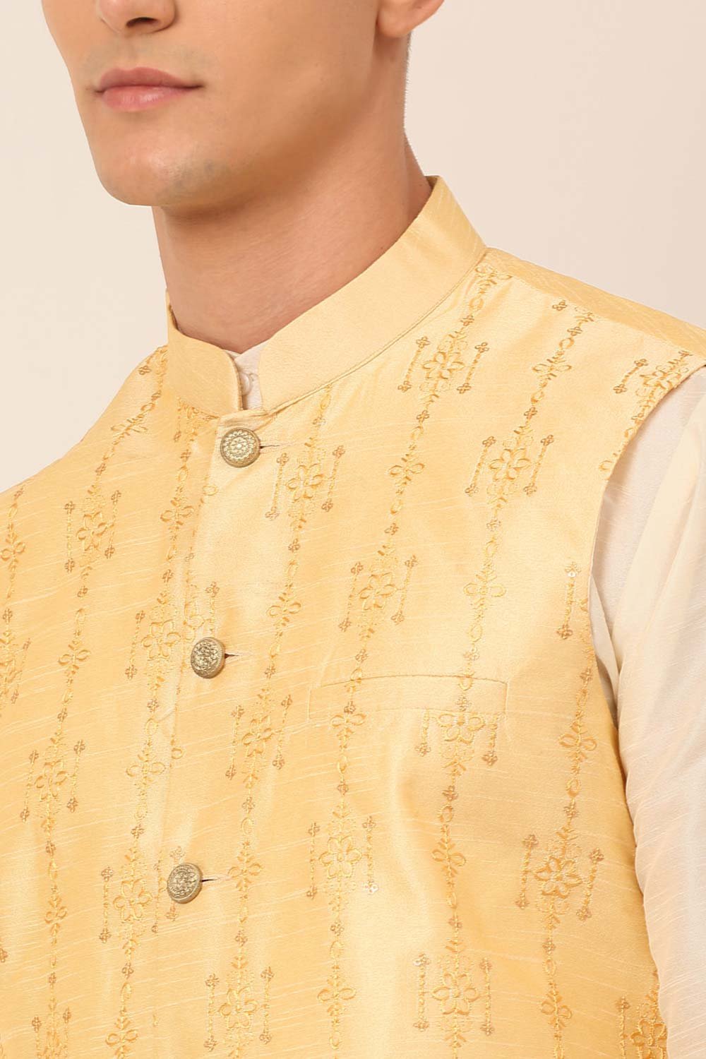 Men's Golden Solid Dupion Silk Kurta Pyjama With Embroidered Nehru Jacket