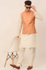 Men's Peach Solid Kurta Pyjama With Striped Embroidered Nehru Jacket