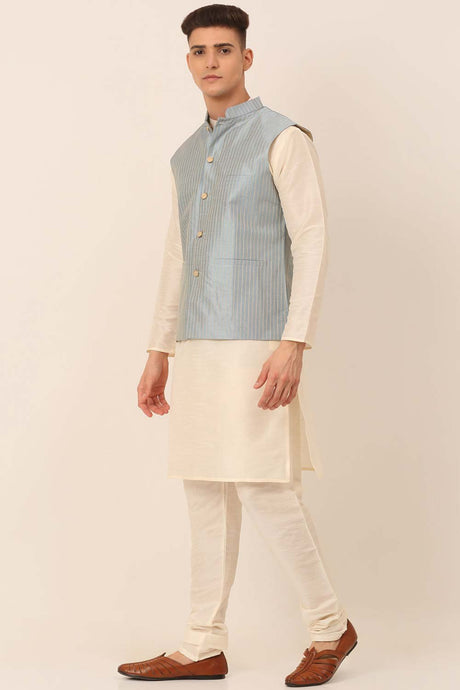 Men's Blue Solid Kurta Pyjama With Striped Embroidered Nehru Jacket