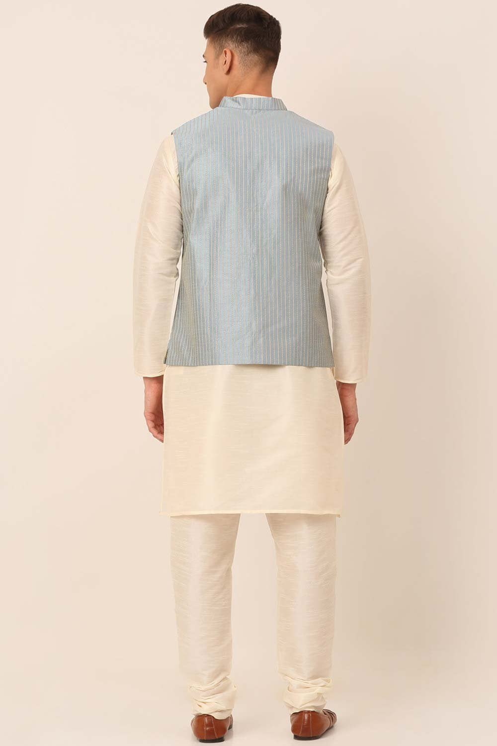 Men's Blue Solid Kurta Pyjama With Striped Embroidered Nehru Jacket
