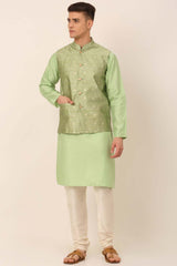 Men's Pista Woven Design Nehru Jacket And Kurta Pyjama Set