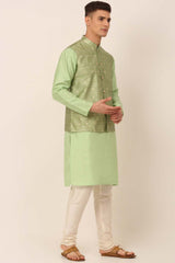 Men's Pista Woven Design Nehru Jacket And Kurta Pyjama Set