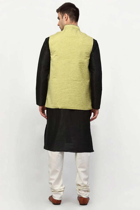 Men's Green Dupion Silk Kurta With Churidar And Nehru Jacket