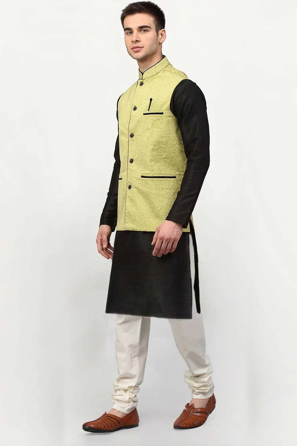 Men's Green Dupion Silk Kurta With Churidar And Nehru Jacket
