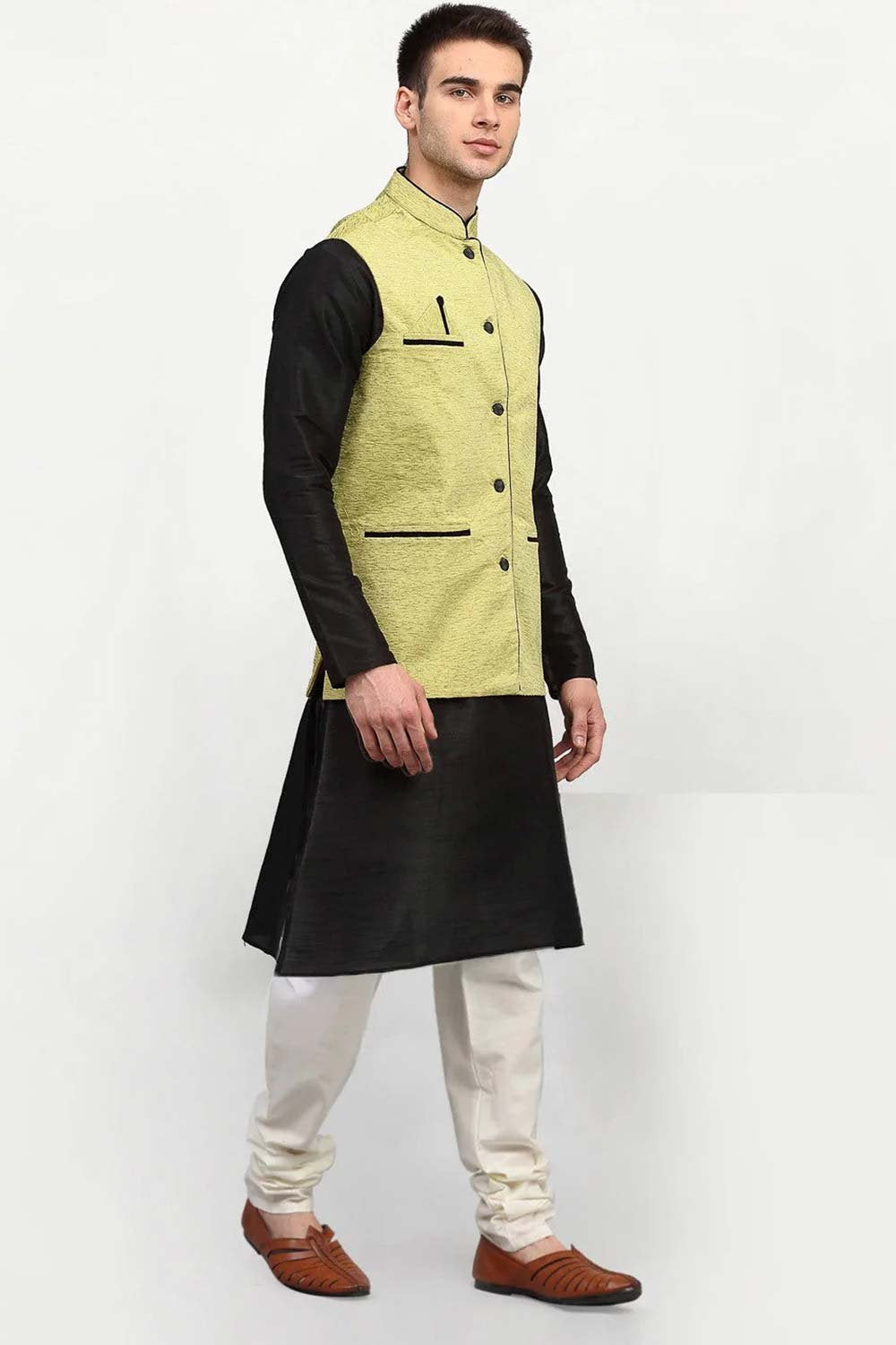 Men's Green Dupion Silk Kurta With Churidar And Nehru Jacket