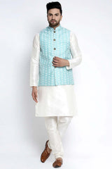 Men's Sky Solid White Dupion Kurta Pajama With Embroidered Waistcoat