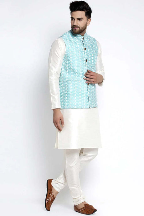 Men's Sky Solid White Dupion Kurta Pajama With Embroidered Waistcoat