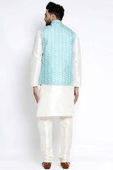 Men's Sky Solid White Dupion Kurta Pajama With Embroidered Waistcoat