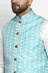 Men's Sky Solid White Dupion Kurta Pajama With Embroidered Waistcoat