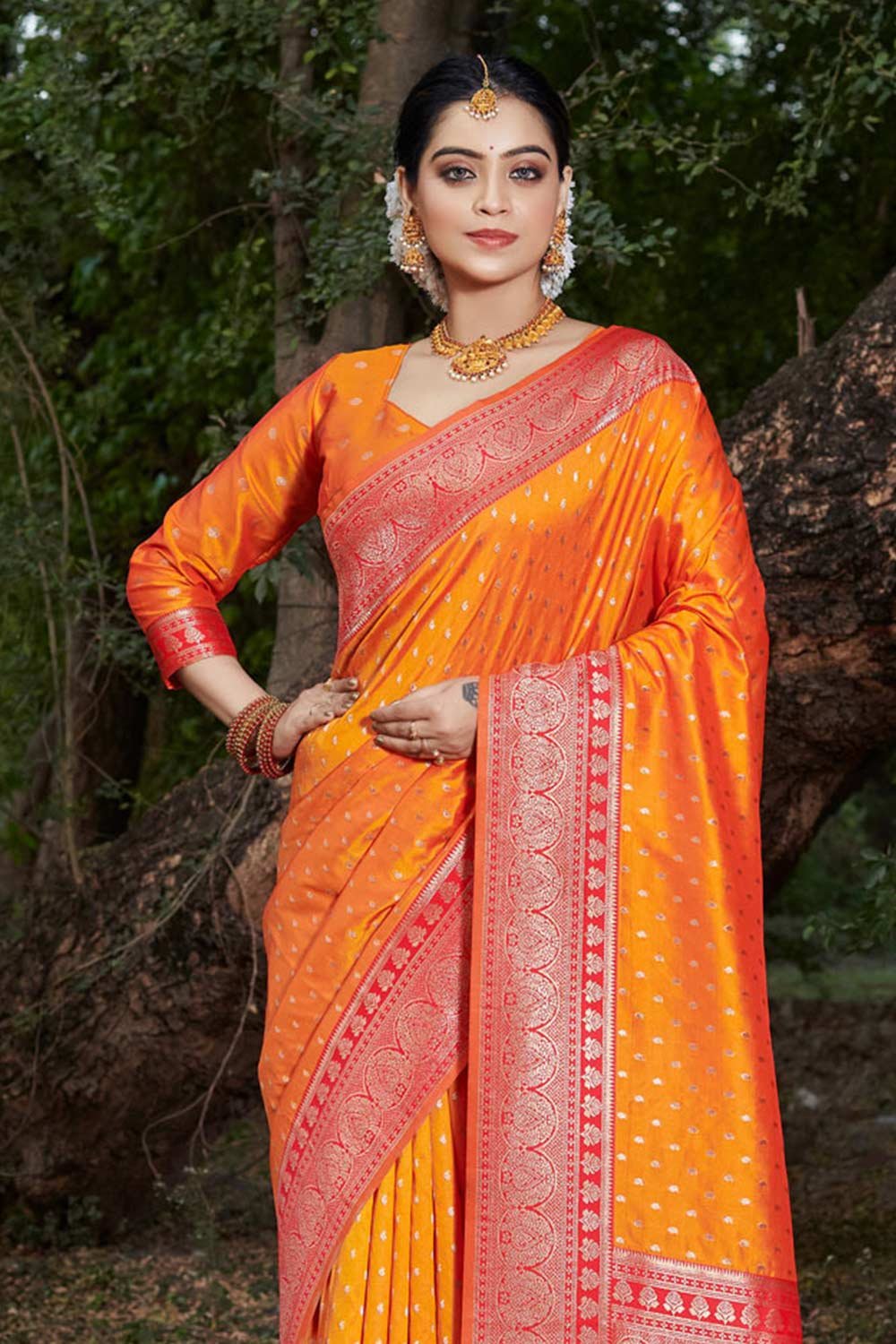 Orange Banarasi Silk Woven Saree