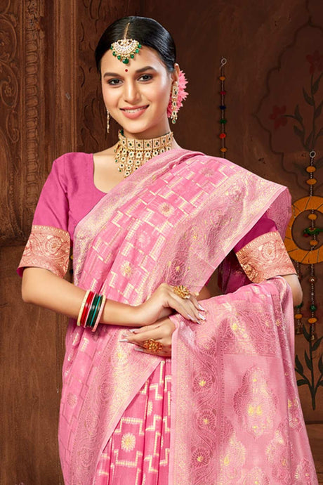 Pink Cotton Woven Saree