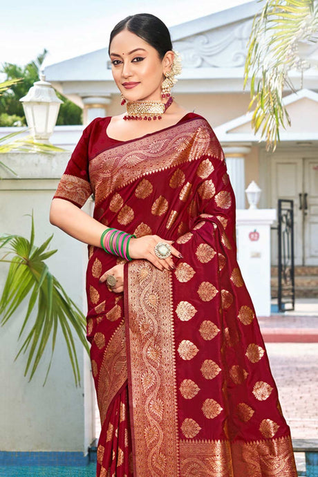 Maroon Silk Woven Saree