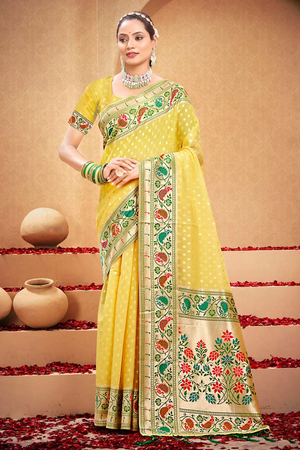 Yellow Cotton Woven Saree