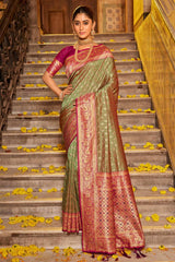 Olive Banarasi Silk Woven Saree