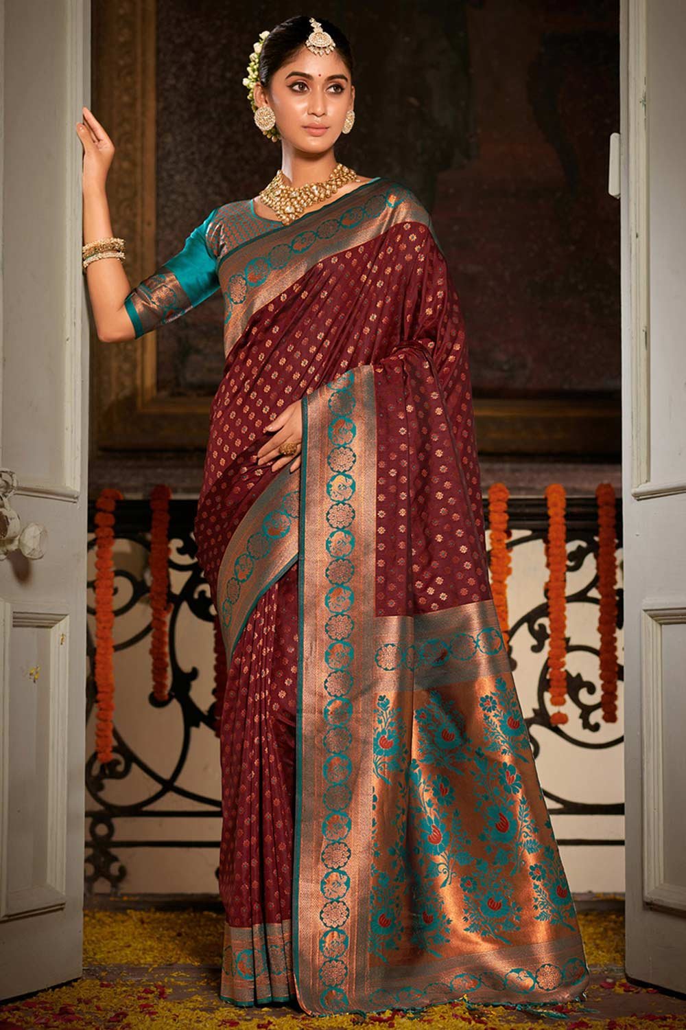 Brown Banarasi Silk Woven Saree
