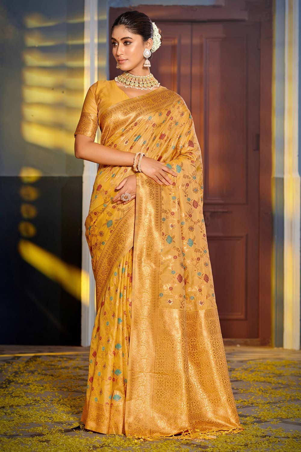 Yellow Banarasi Silk Woven Saree
