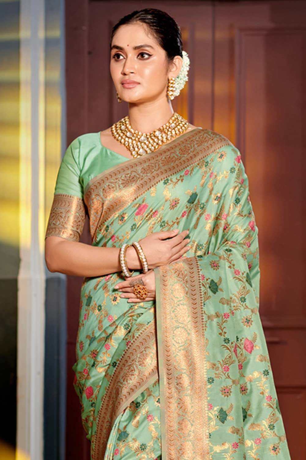 Sea Green Banarasi Silk Woven Saree