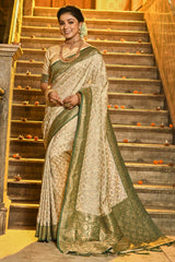 Beige Banarasi Silk Woven Saree