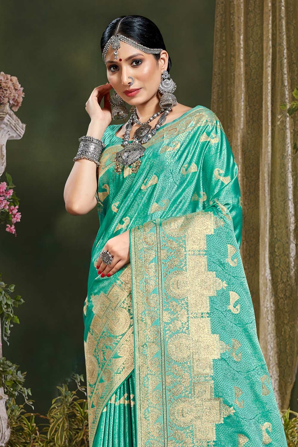 Teal Banarasi Silk Woven Saree