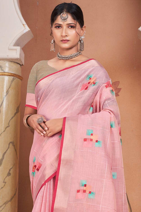 Pink Linen Woven Saree