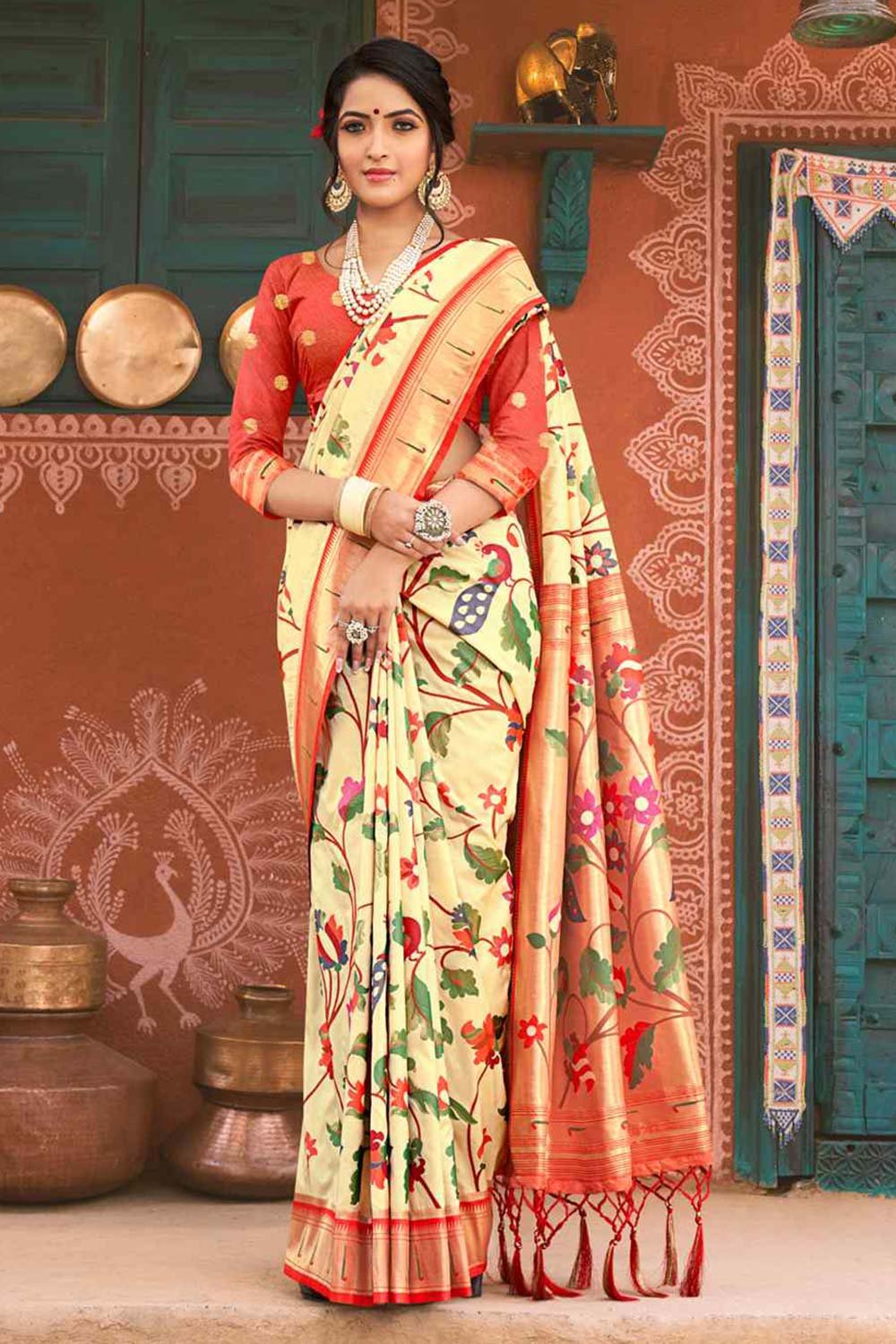 Cream Paithani Silk Woven Saree