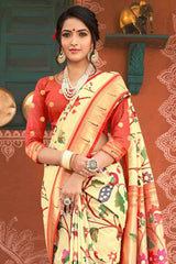 Cream Paithani Silk Woven Saree
